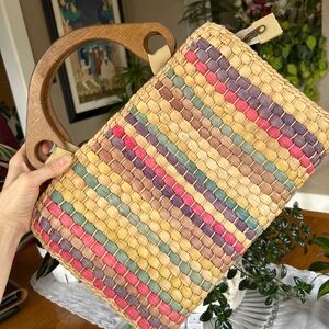 Multicolor Woven Handbag with Wooden Handles